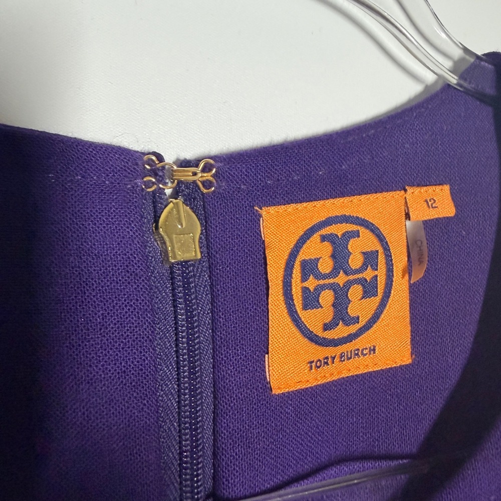 Tory Burch Petra Purple Sleeveless Sheath Dress Wool Blend Gold Hardware Size 12 - Picture 9 of 14